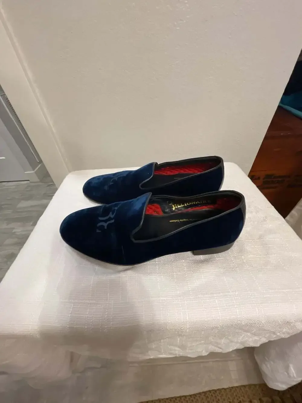 Billionaire Italian Couture Navy Velvet Monogram Loafers Angelo Galasso Size 43